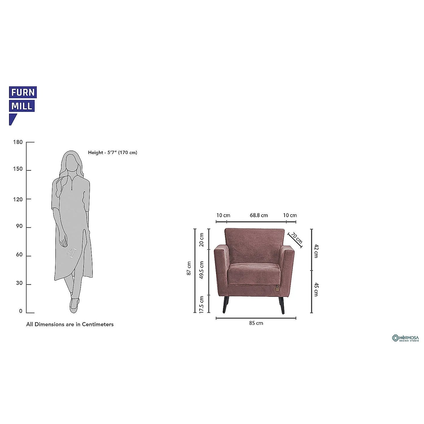 Cairo Wooden 1 Seater Sofa (Velvet, Mauve)