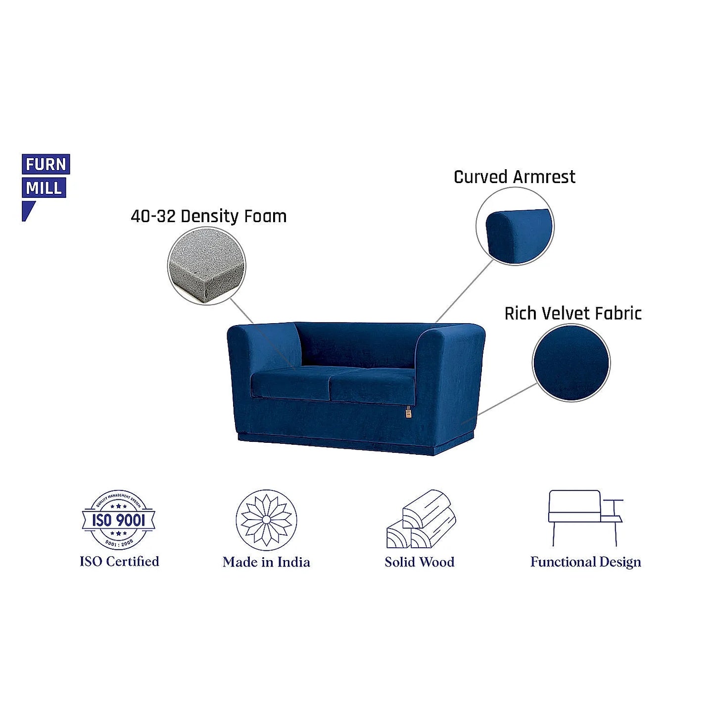 Hudson 2 Seater Fabric Sofa (Velvet, Blue)