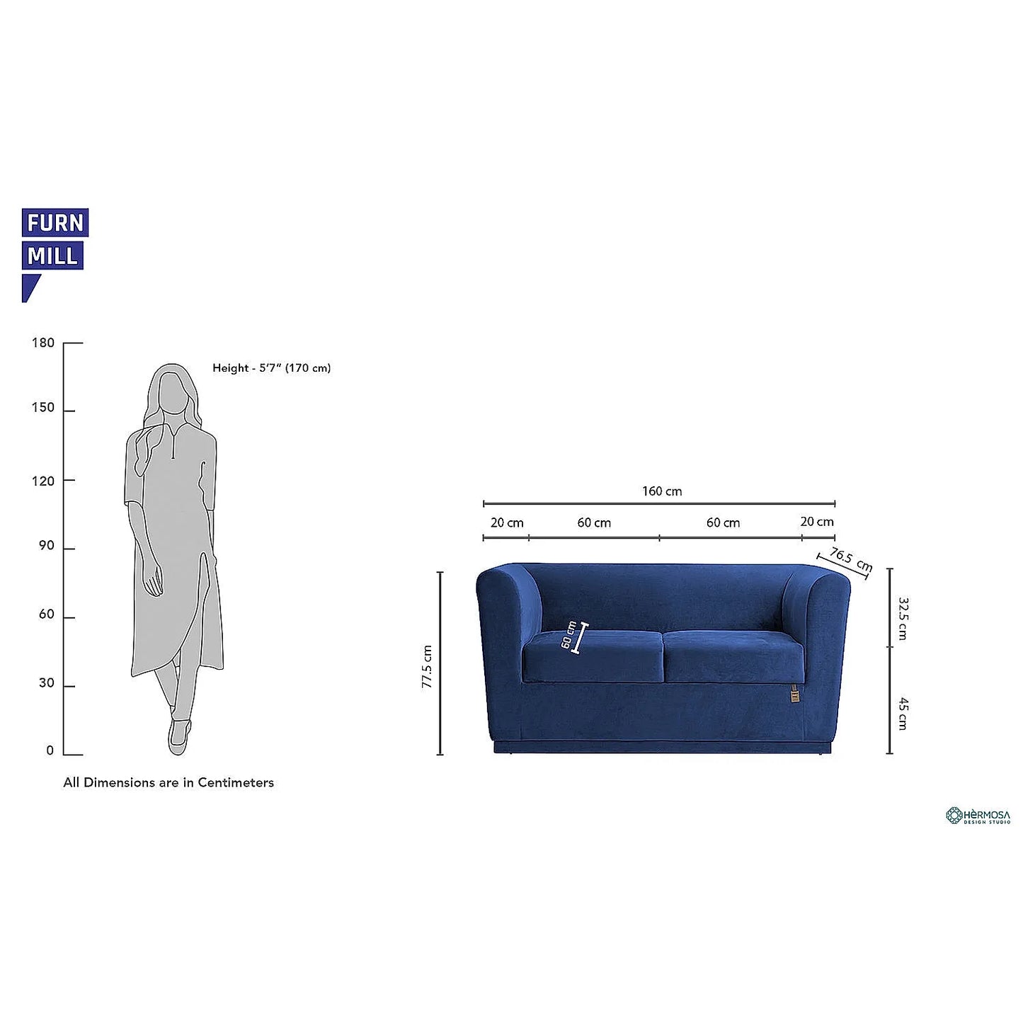 Hudson 2 Seater Fabric Sofa (Velvet, Blue)