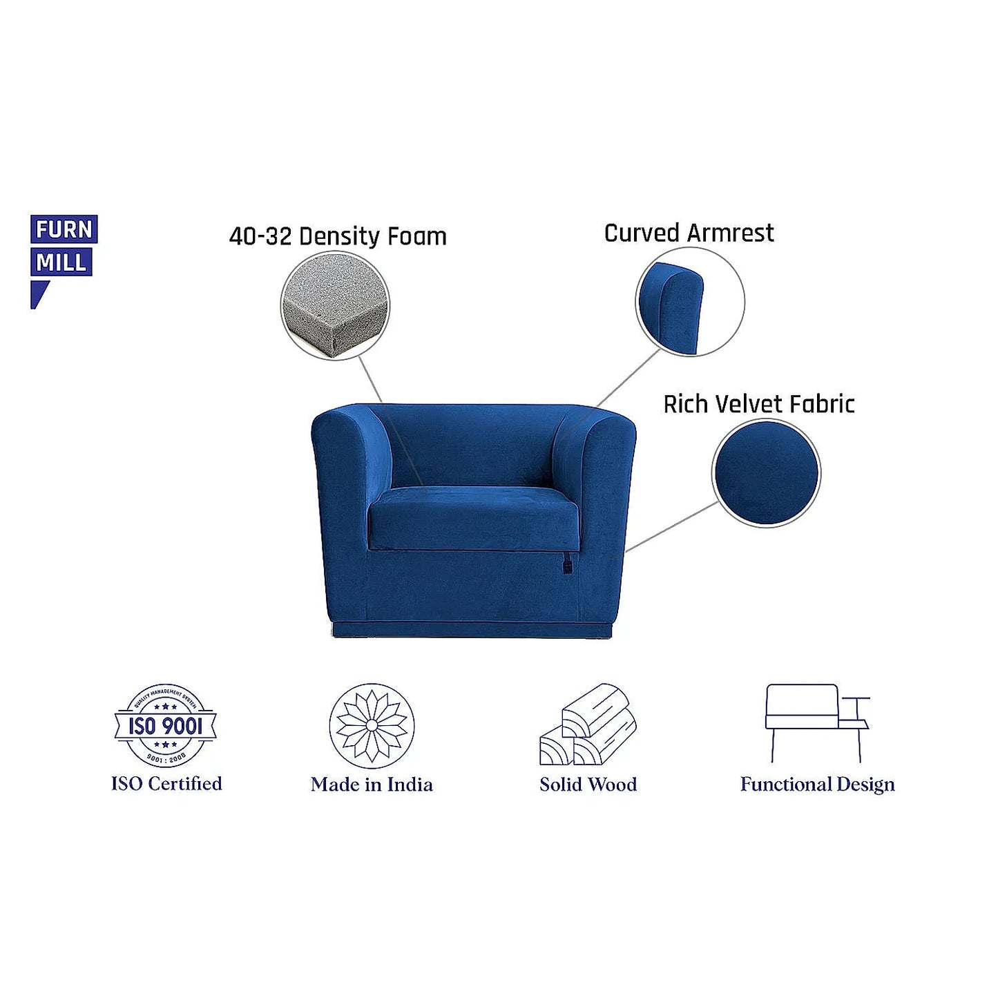 Hudson 1 Seater Fabric Sofa (Velvet, Blue)