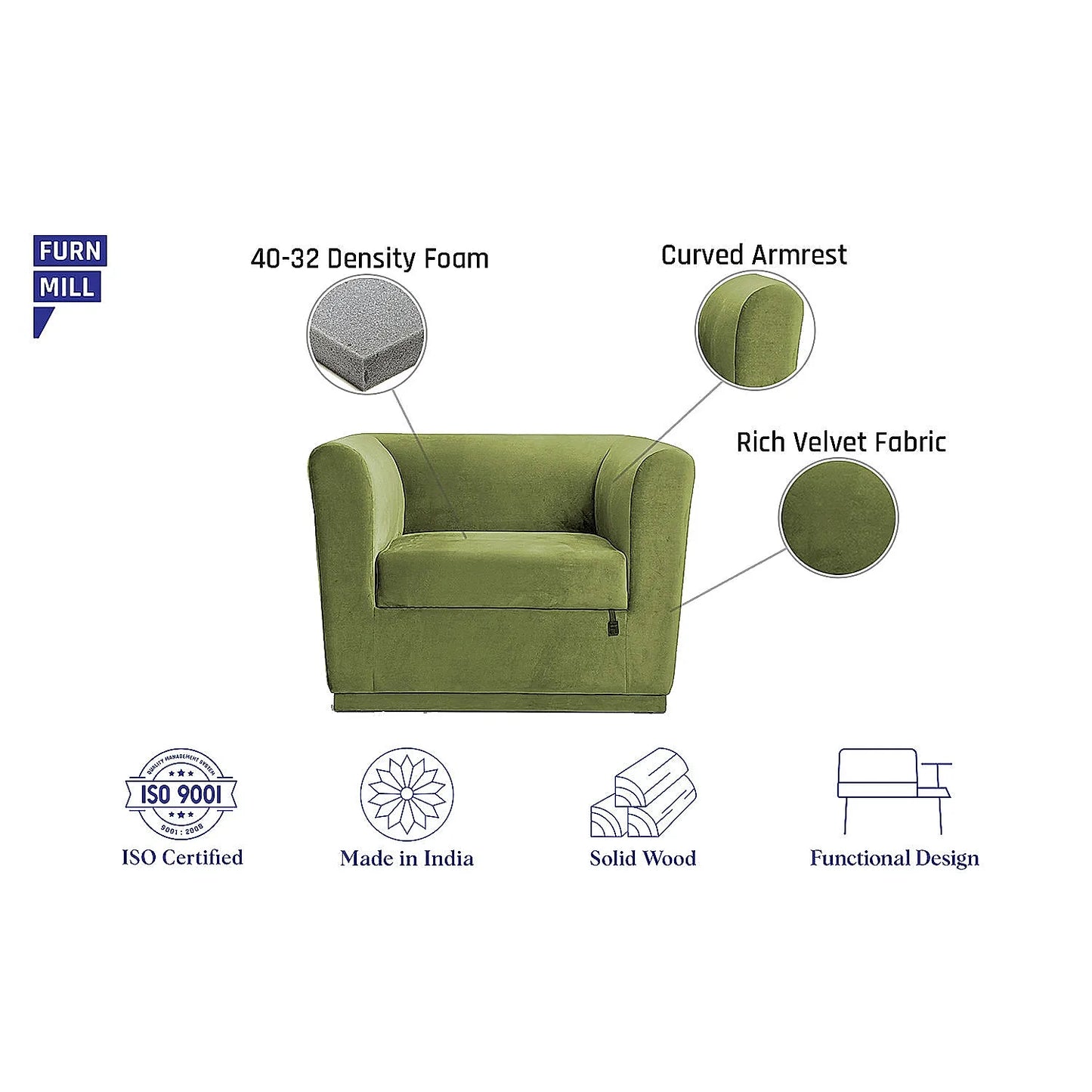 Hudson 1 Seater Fabric Sofa (Velvet, Green)