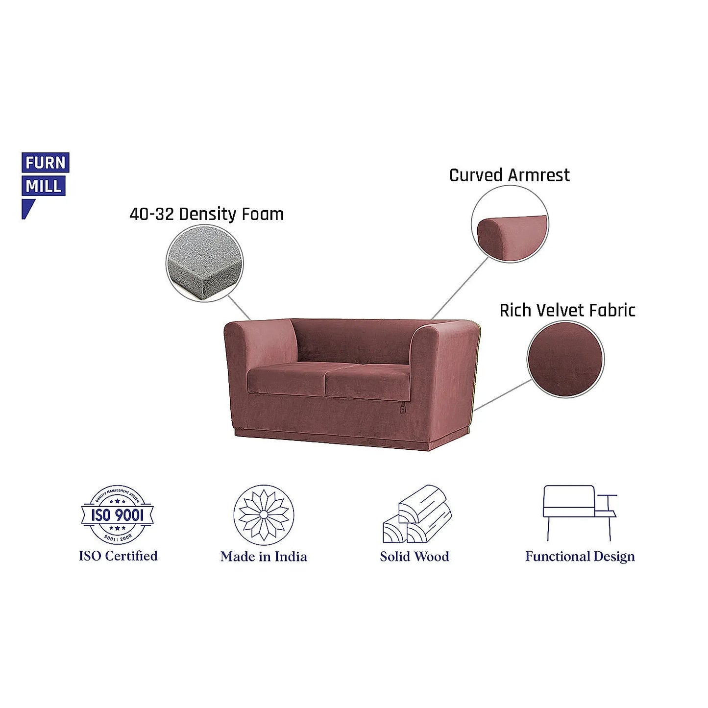Hudson 2 Seater Fabric Sofa (Velvet, Mauve)