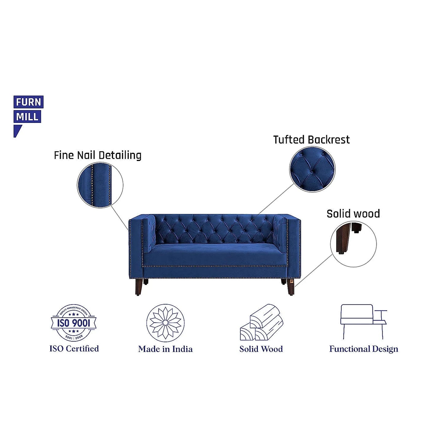 Manchester 2 Seater Wooden Sofa (Velvet, Blue)