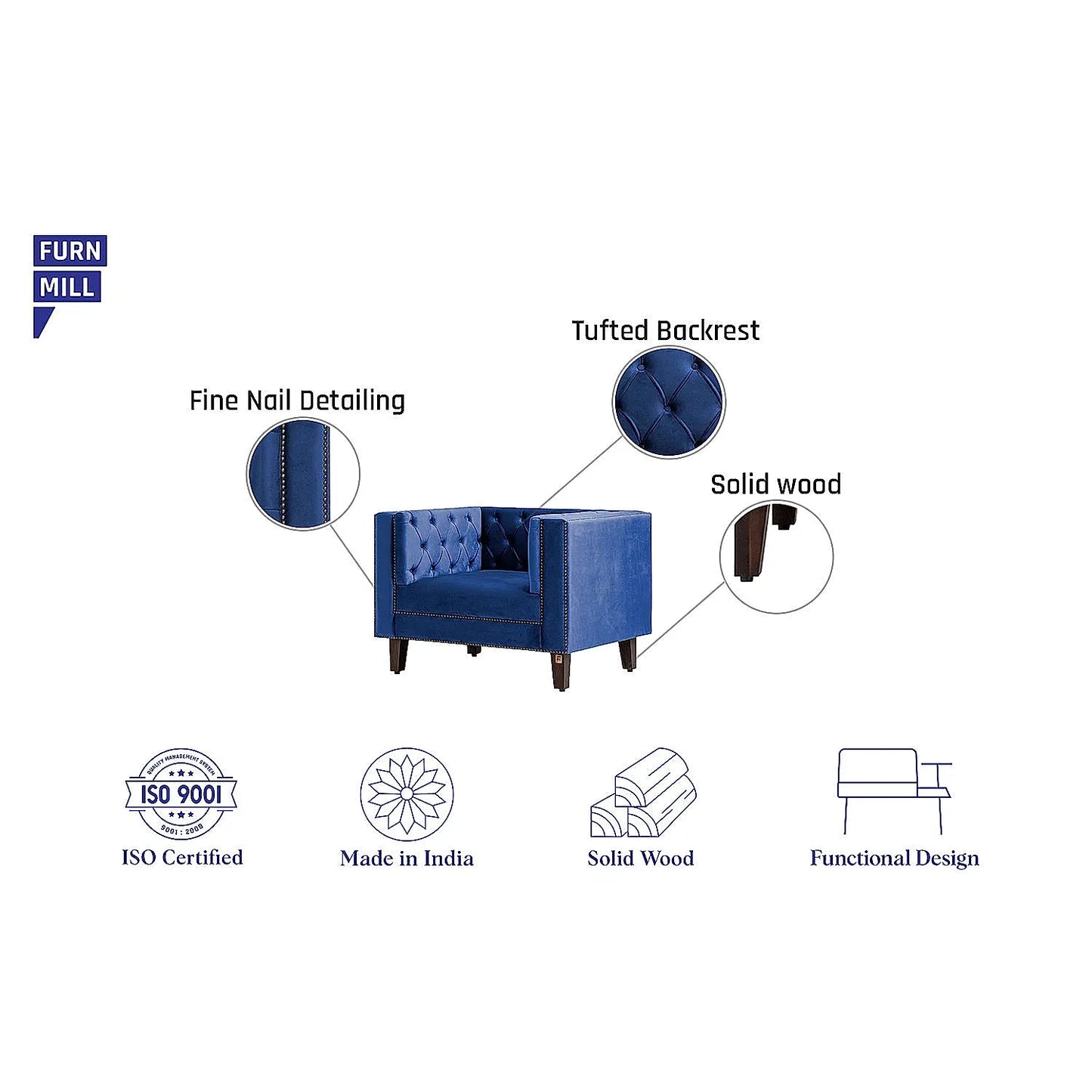Manchester 1 Seater Wooden Sofa (Velvet, Blue)