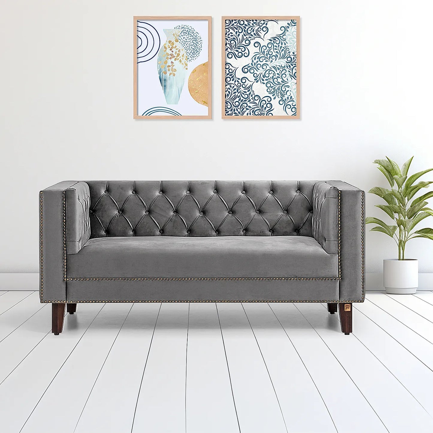 Manchester 2 Seater Wooden Sofa (Velvet, Grey)