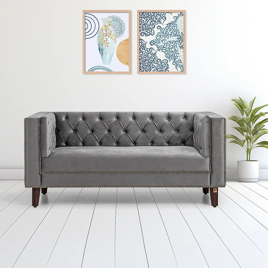 Manchester 2 Seater Wooden Sofa (Velvet, Grey)