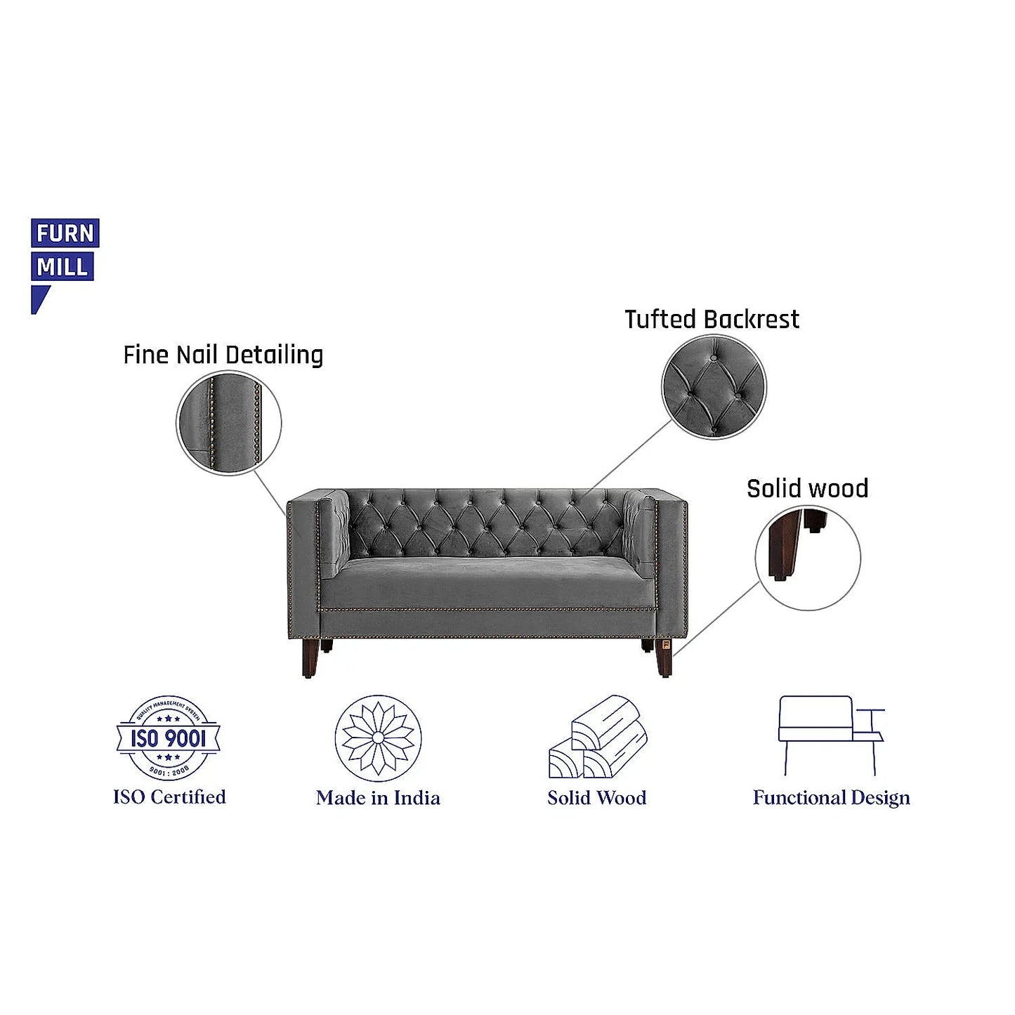 Manchester 2 Seater Wooden Sofa (Velvet, Grey)