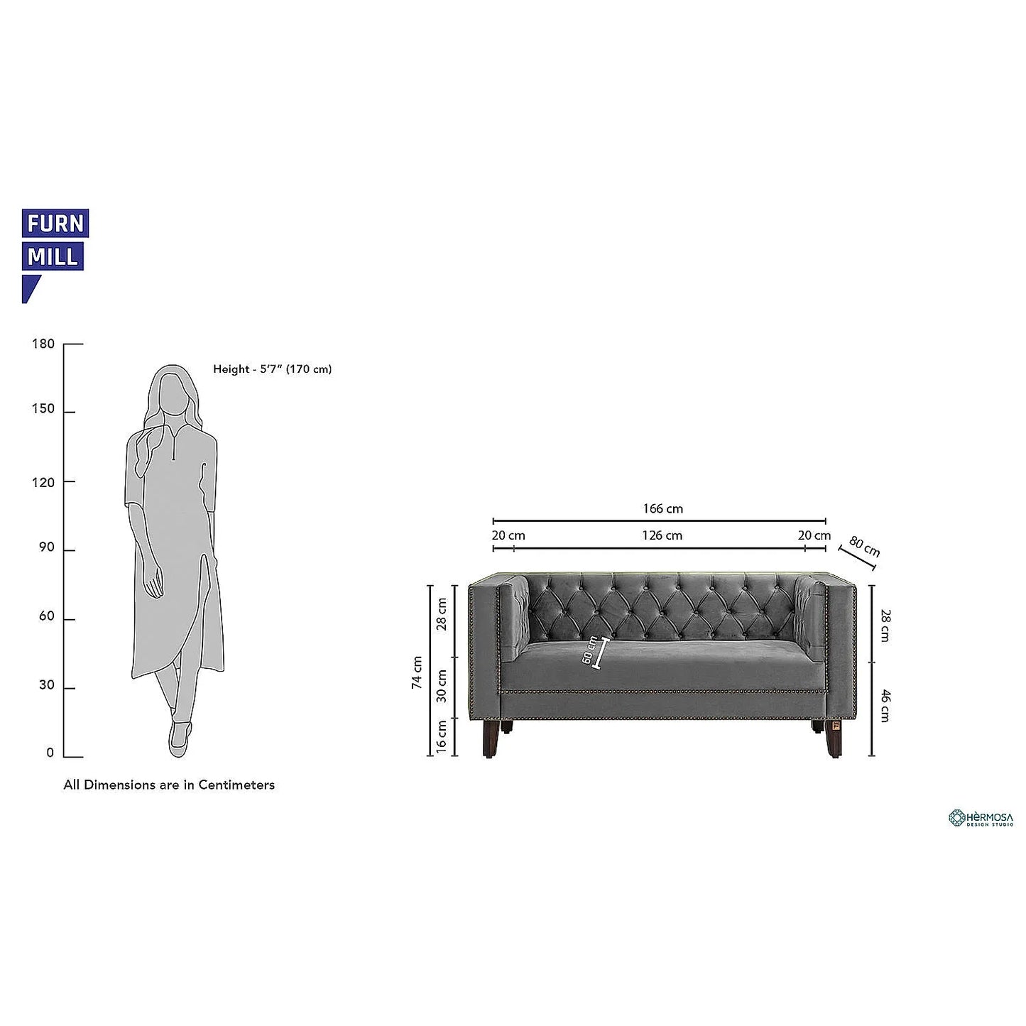 Manchester 2 Seater Wooden Sofa (Velvet, Grey)