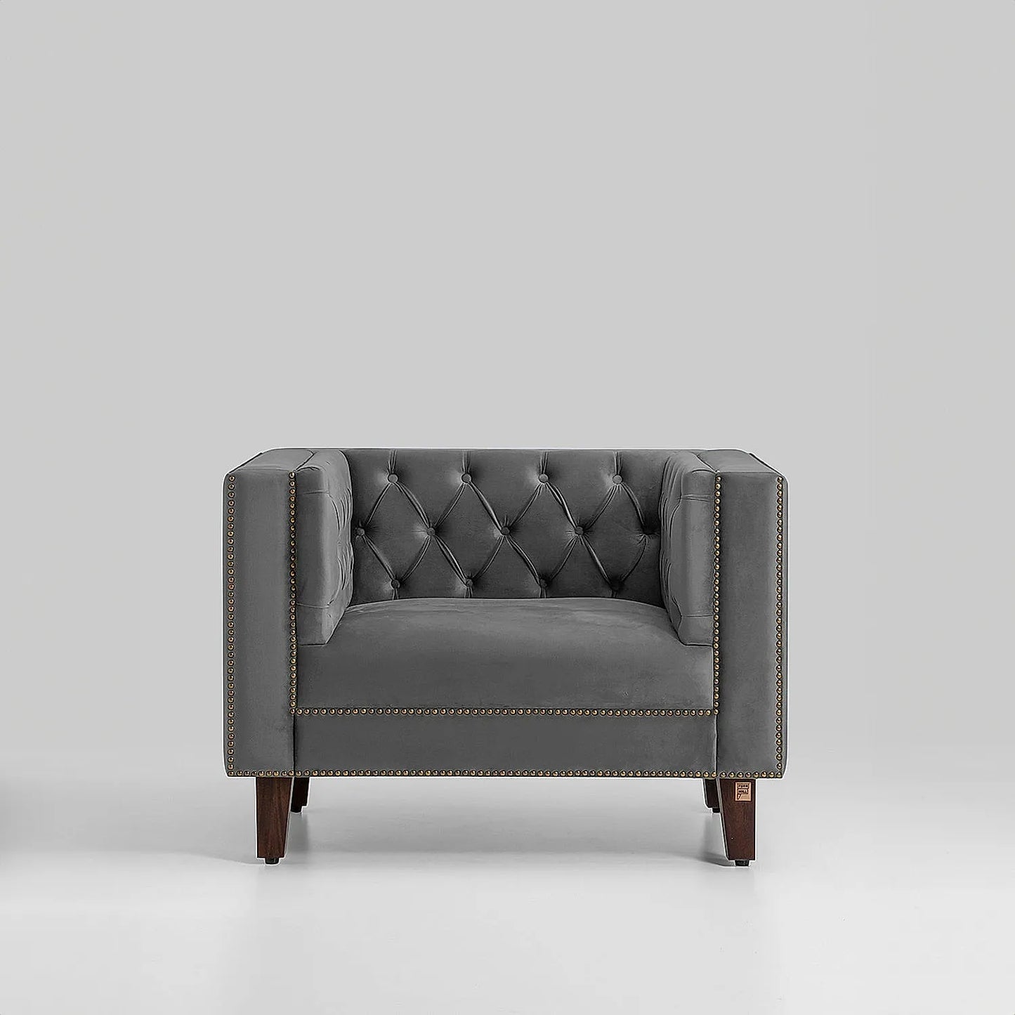 Manchester 1 Seater Wooden Sofa (Velvet, Grey)