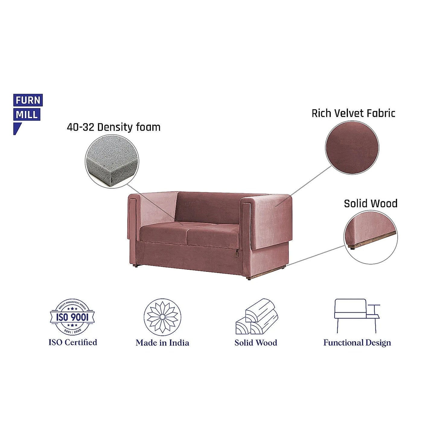 Manchester 2 Seater Wooden Sofa (Velvet, Mauve)