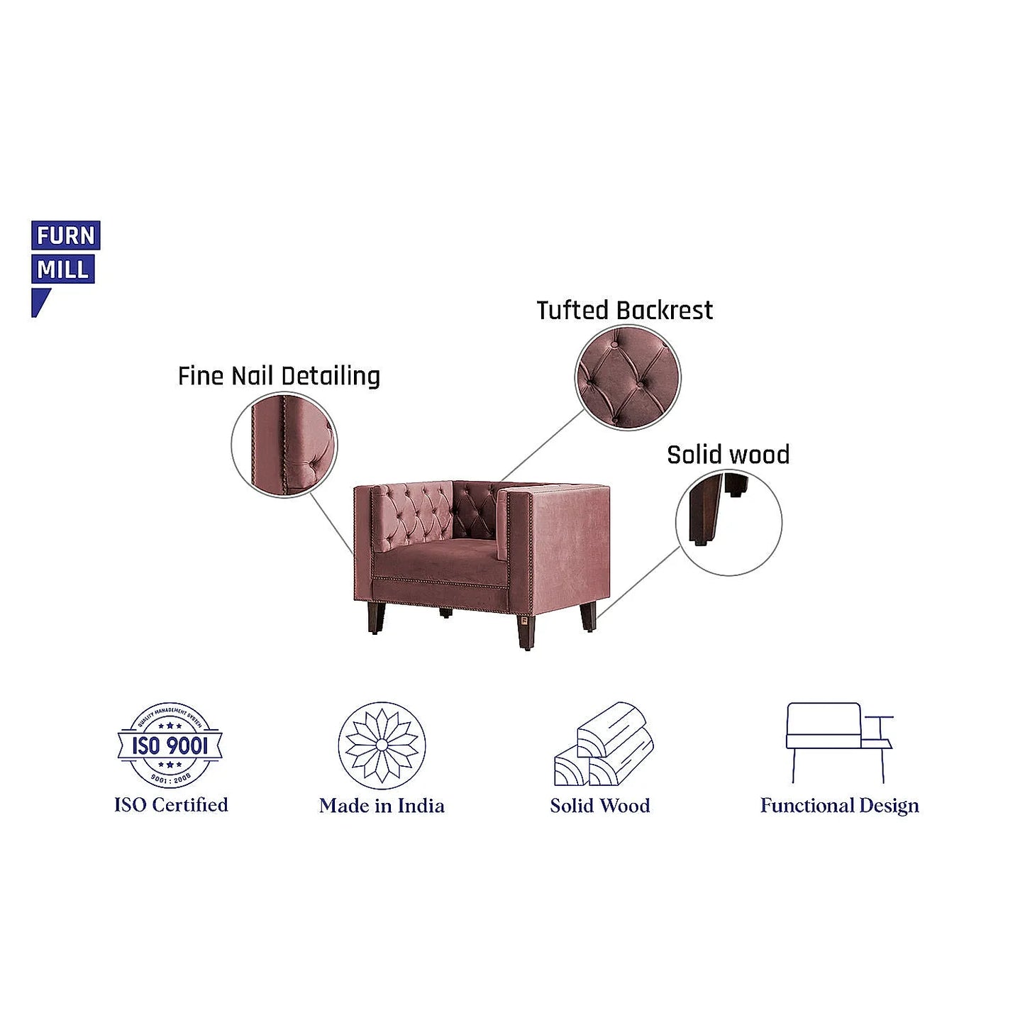 Manchester 1 Seater Wooden Sofa (Velvet, Mauve)
