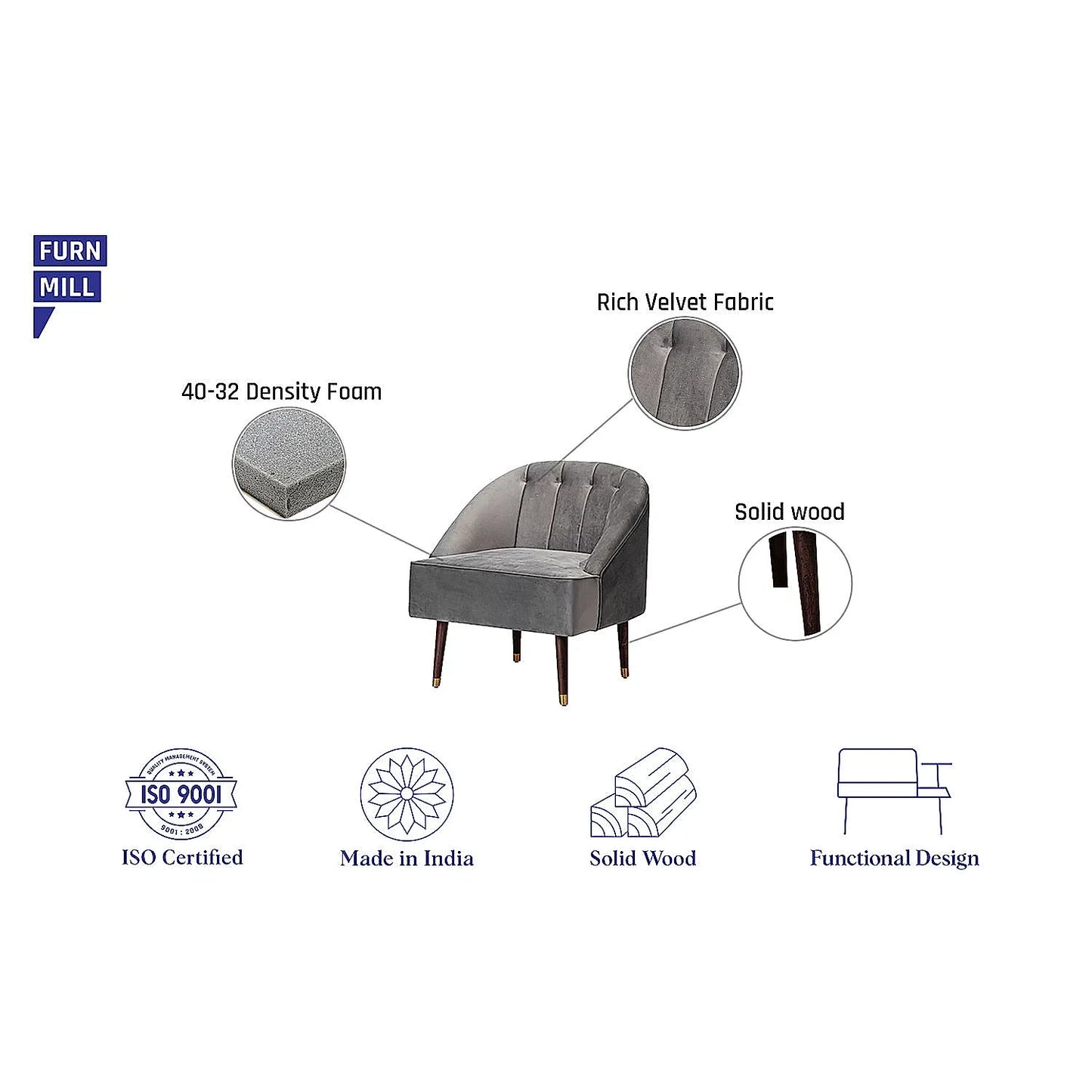 Logan Wooden Accent Chair (Velvet, Grey)