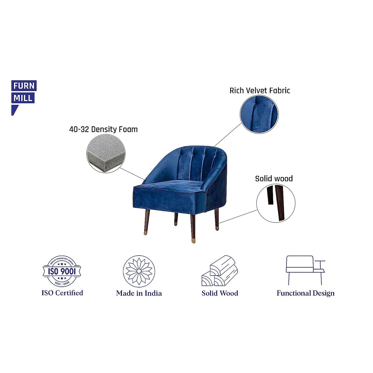 Logan Wooden Accent Chair (Velvet, Blue)