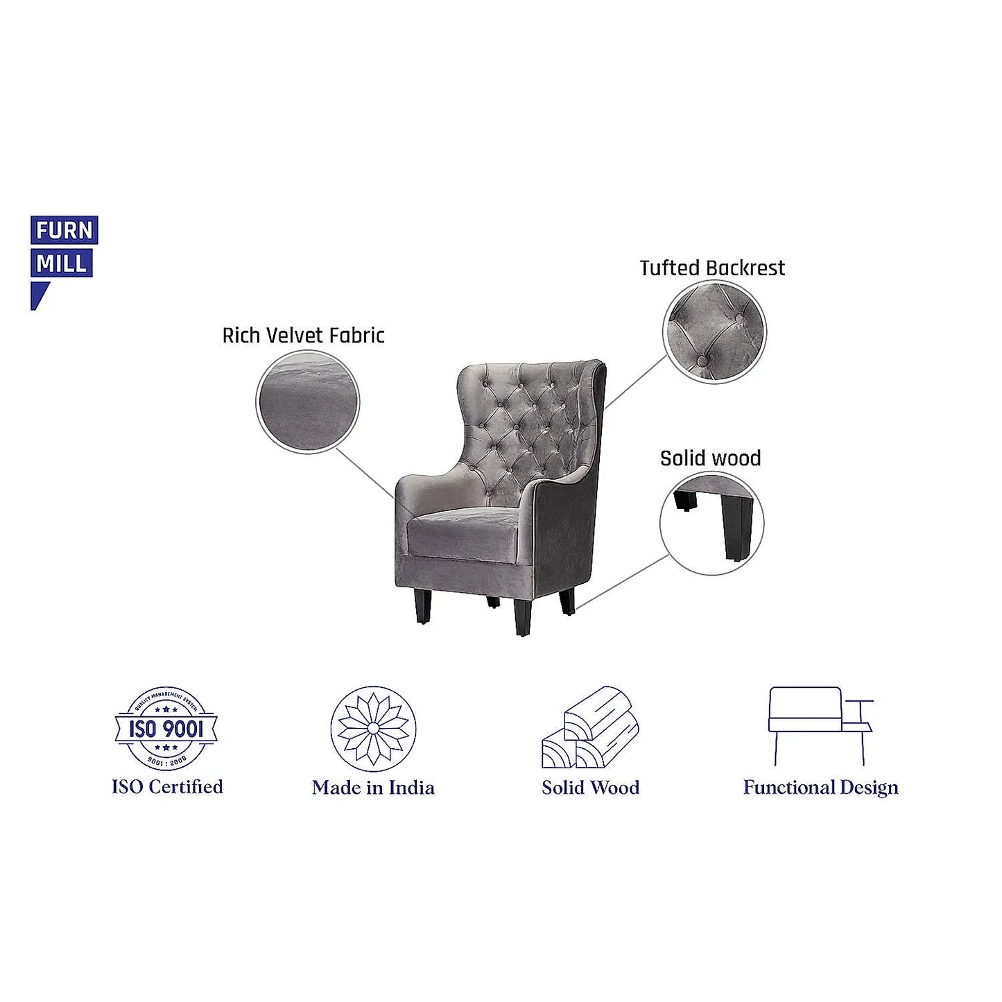 August Wooden Accent Chair (Velvet, Grey)
