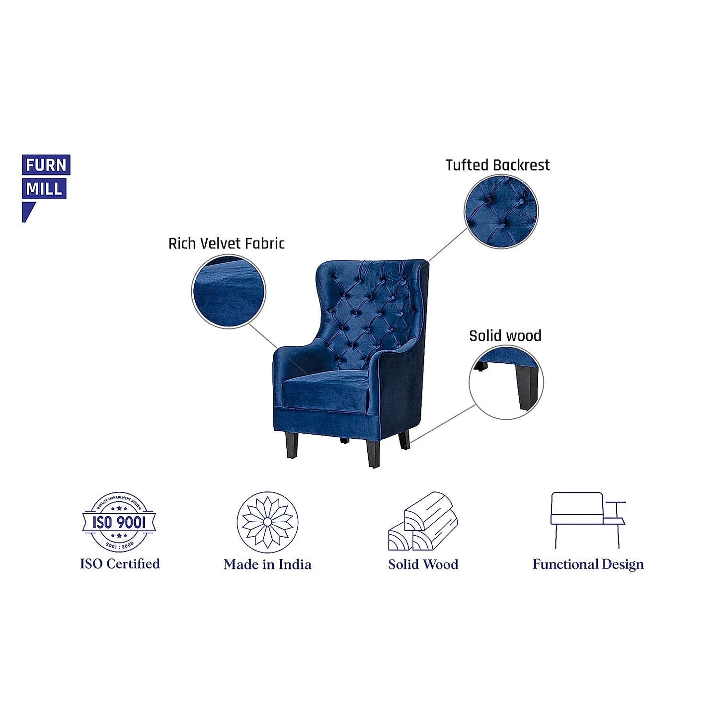 August Wooden Accent Chair (Velvet, Blue)