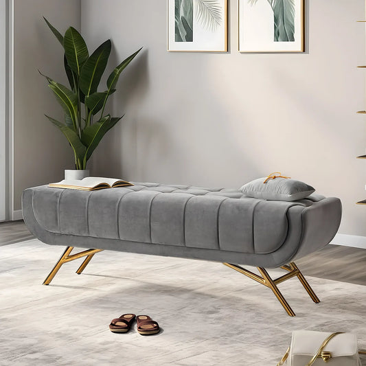 Theo Fabric Bench with Metal Legs (Velvet, Grey)