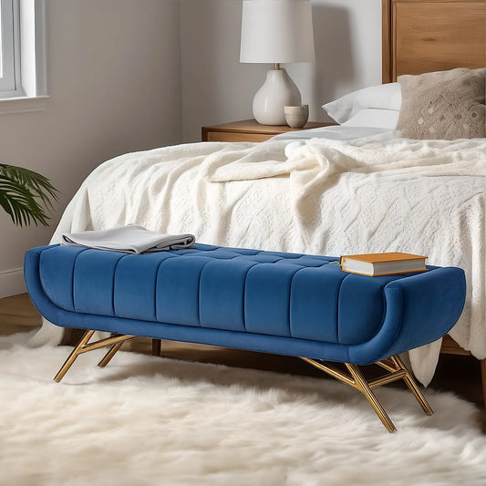 Theo Fabric Bench with Metal Legs (Velvet, Blue)