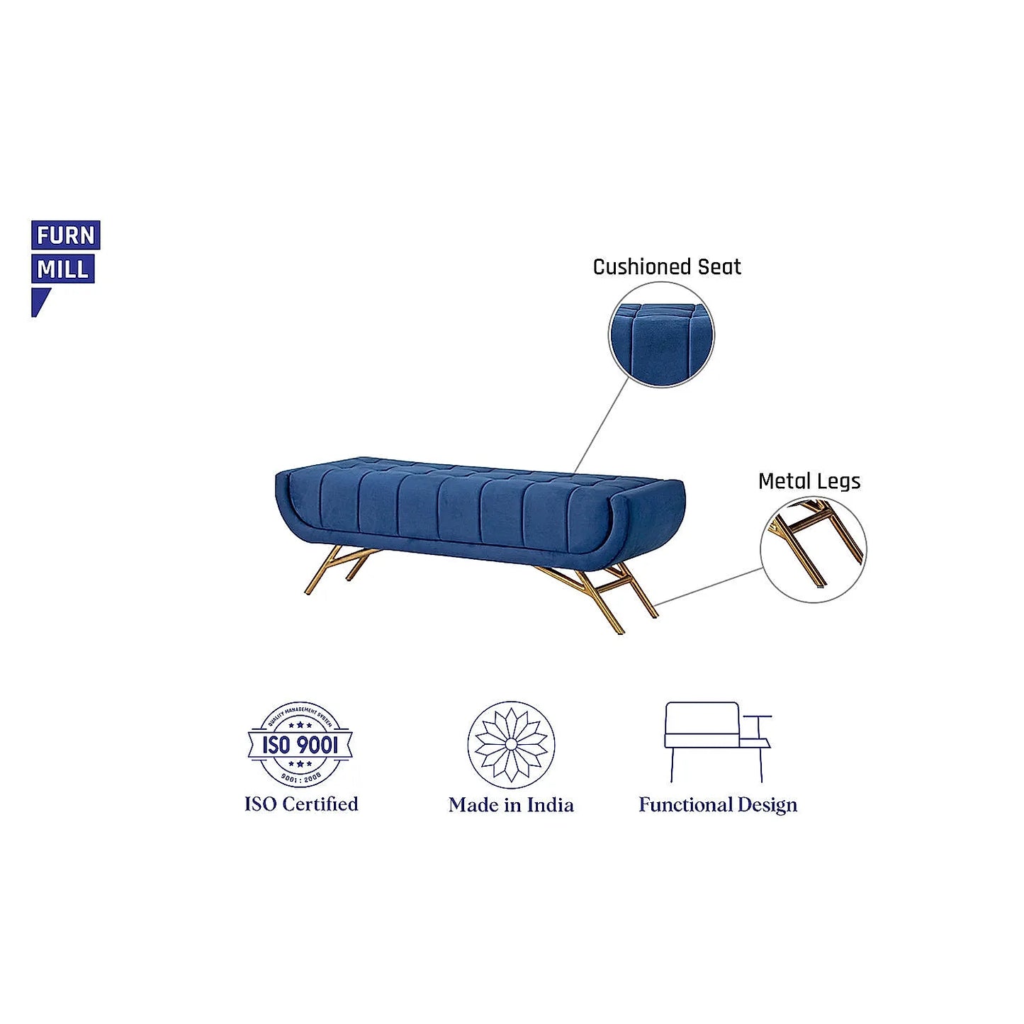 Theo Fabric Bench with Metal Legs (Velvet, Blue)