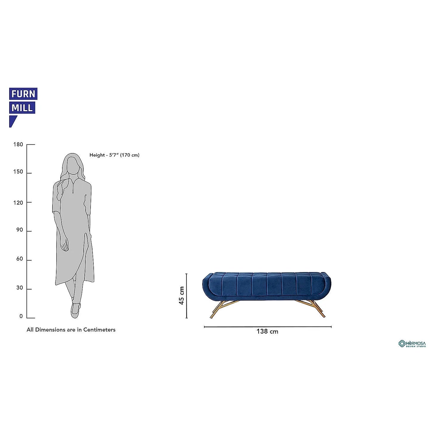 Theo Fabric Bench with Metal Legs (Velvet, Blue)
