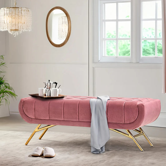 Theo Fabric Bench with Metal Legs (Velvet, Mauve)