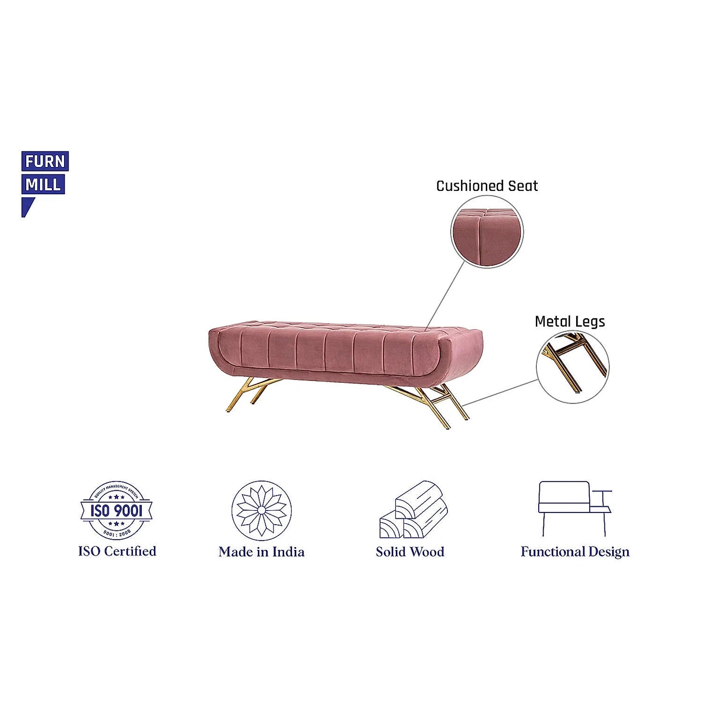 Theo Fabric Bench with Metal Legs (Velvet, Mauve)