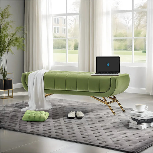 Theo Fabric Bench with Metal Legs (Velvet, Green)