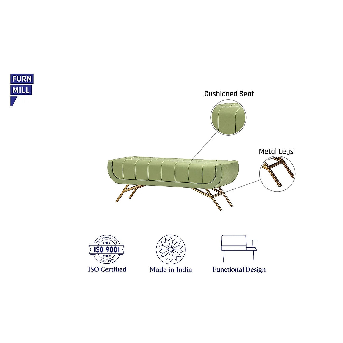 Theo Fabric Bench with Metal Legs (Velvet, Green)
