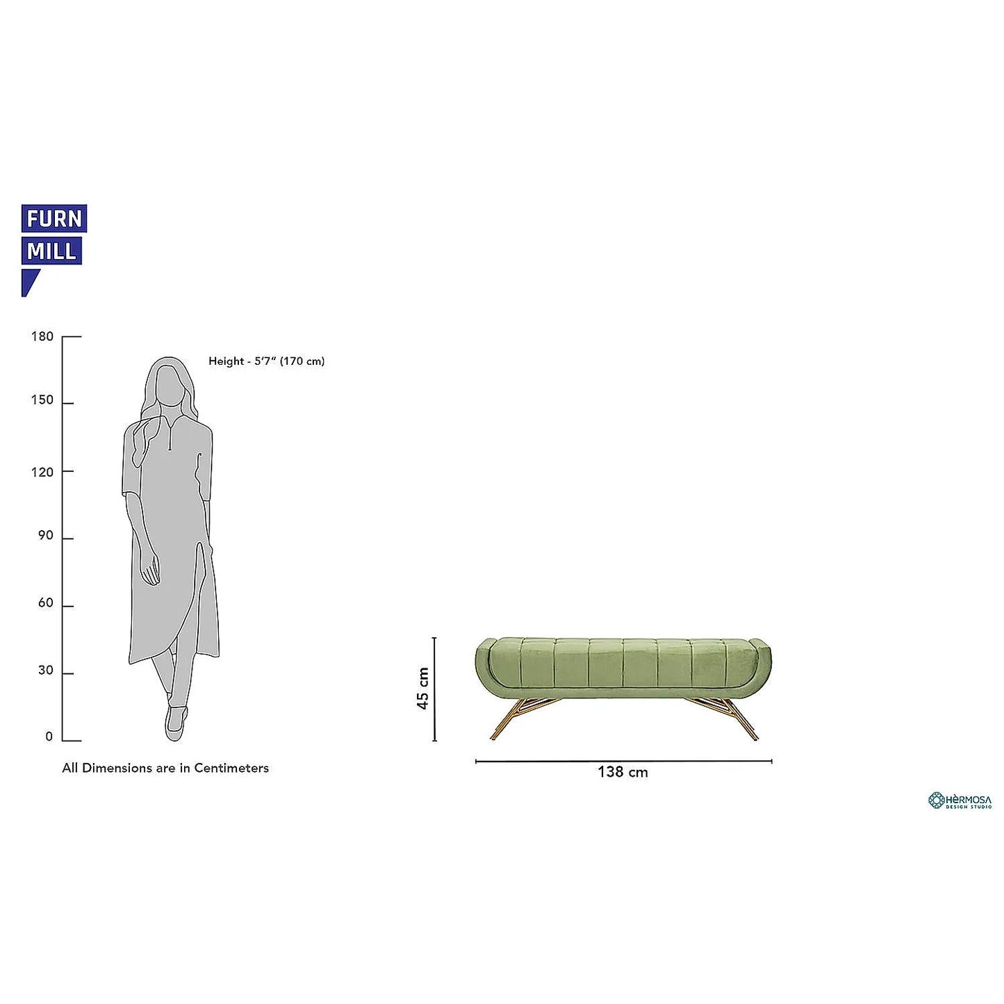 Theo Fabric Bench with Metal Legs (Velvet, Green)