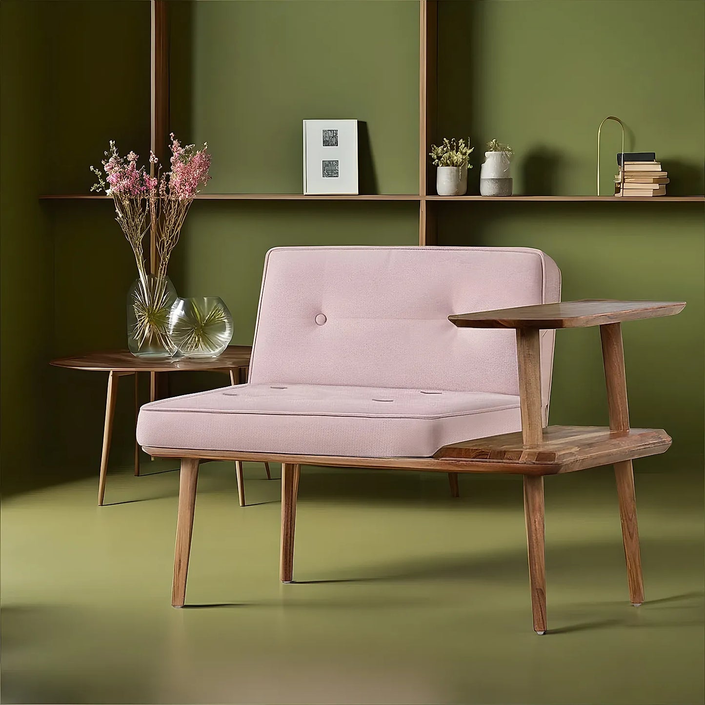 Domino Wooden Accent Chair (Velvet, Pink)