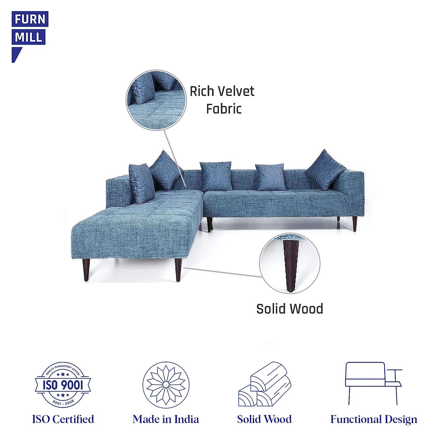Audrey Wooden L Shape Sofa in Blue Color