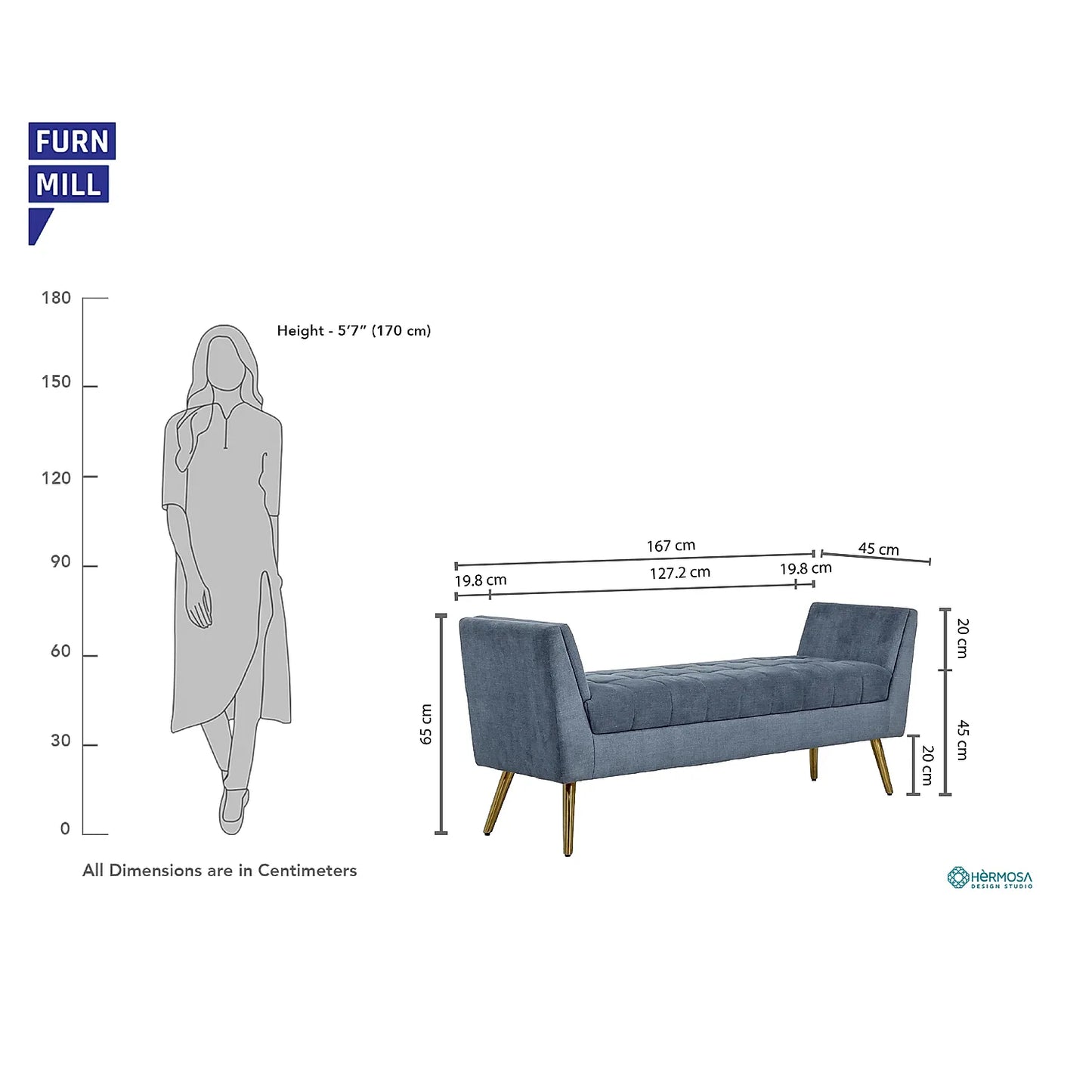 Zibo Bench With Metal legs (Velvet, Blue)
