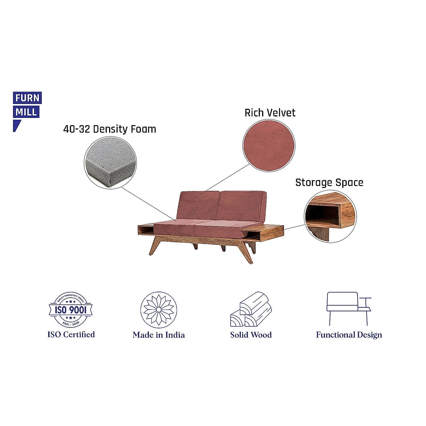 Berlin 2 Seater Wooden Sofa (Velvet, Mauve)