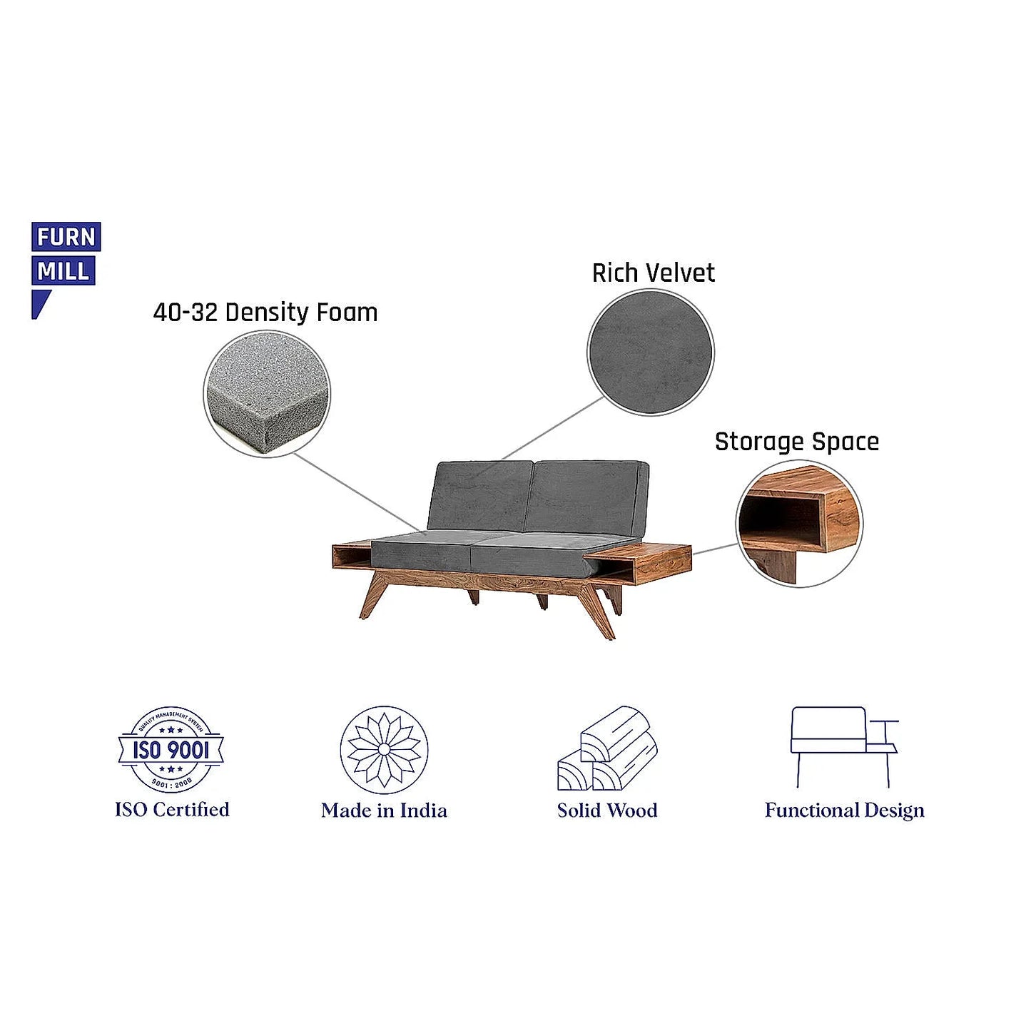 Berlin 2 Seater Wooden Sofa (Velvet, Grey)