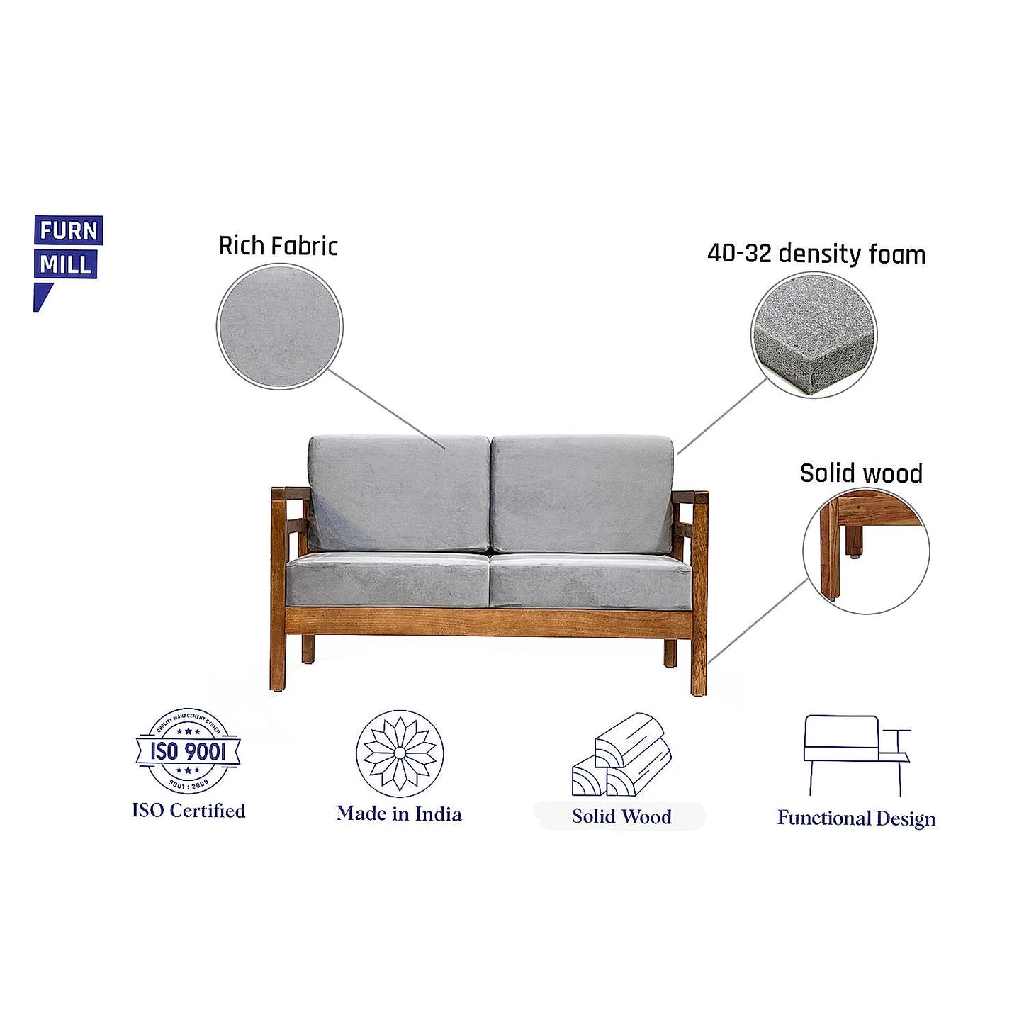 Crate 2 Seater Wooden Sofa (Velvet, Grey)