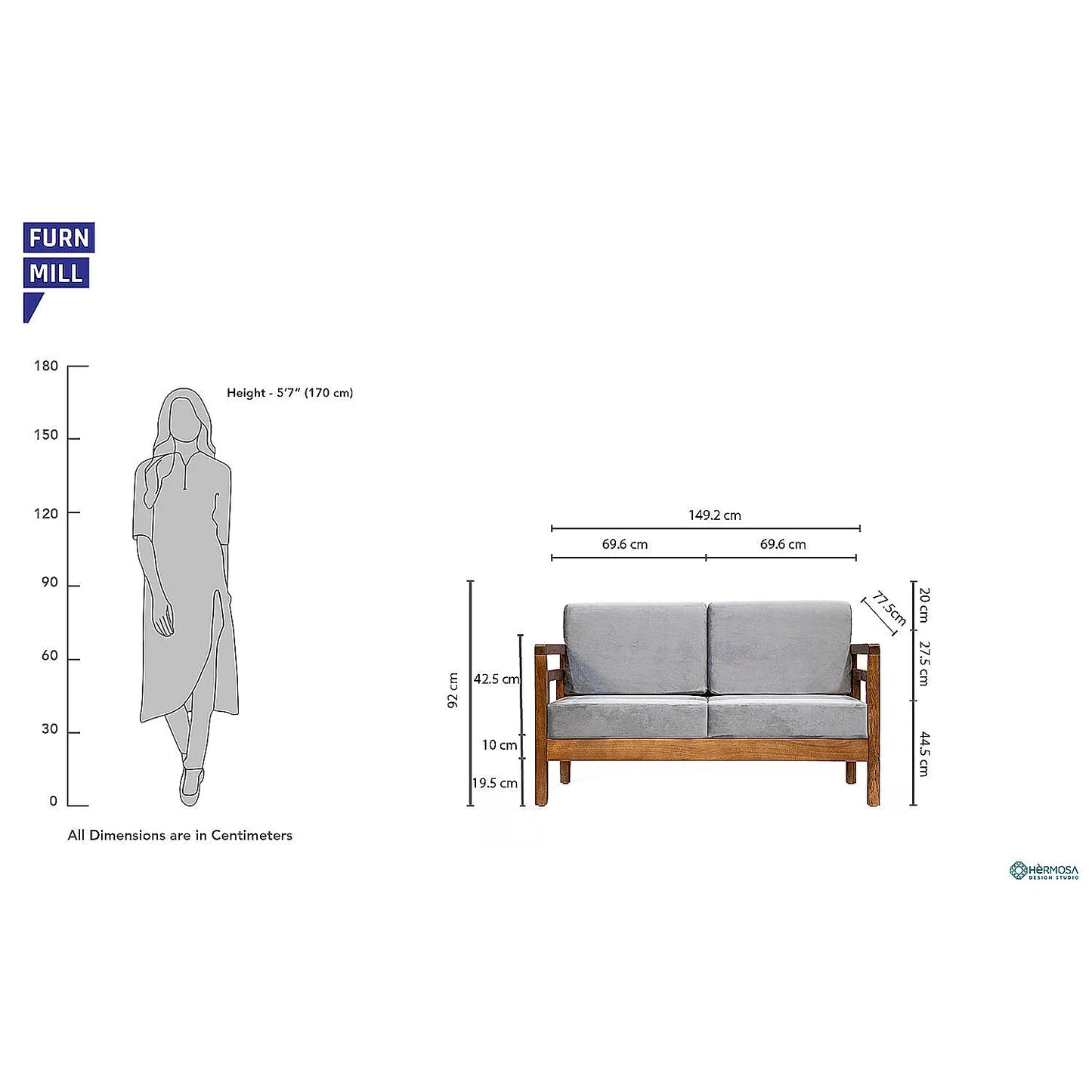 Crate 2 Seater Wooden Sofa (Velvet, Grey)