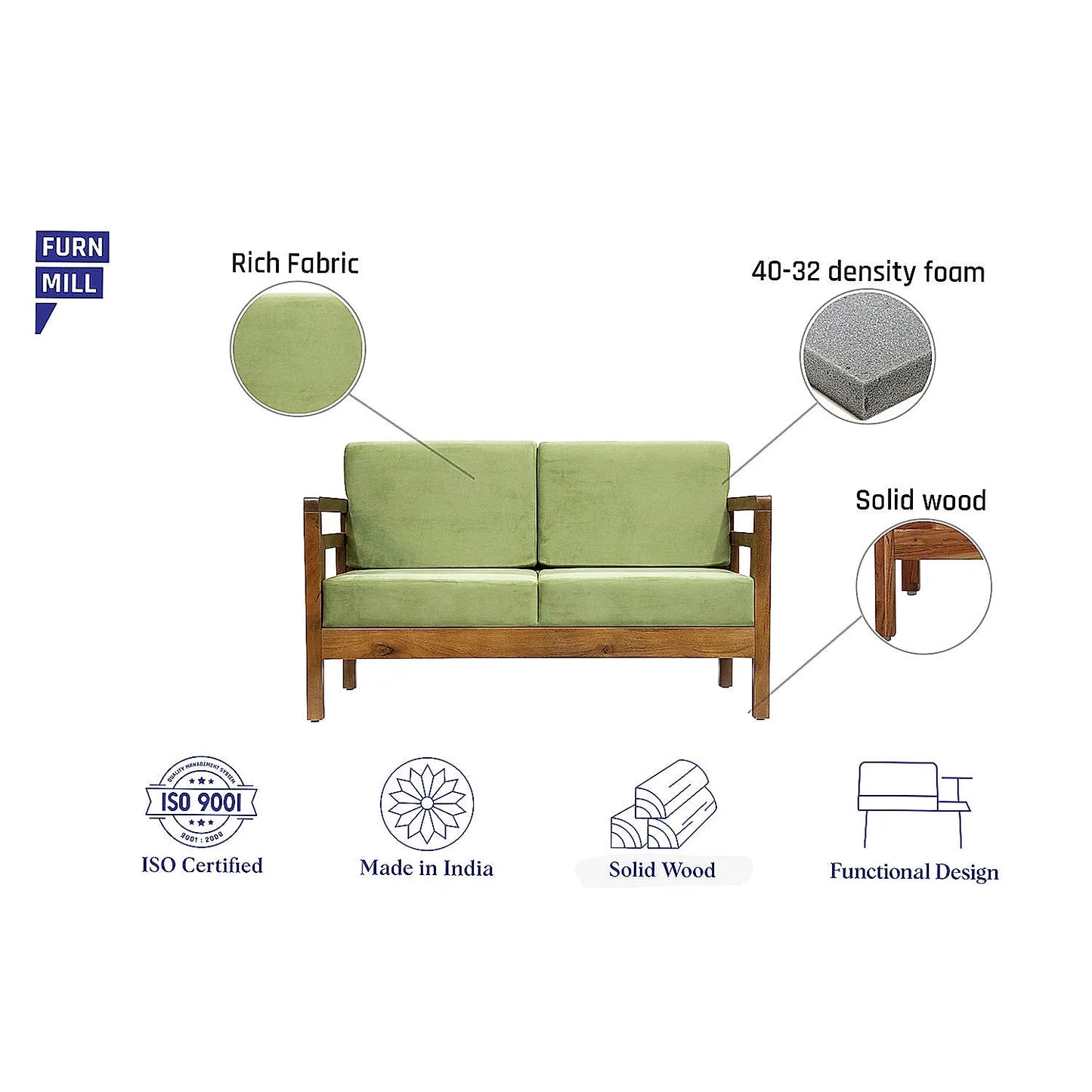 Crate 2 Seater Wooden Sofa (Velvet, Green)