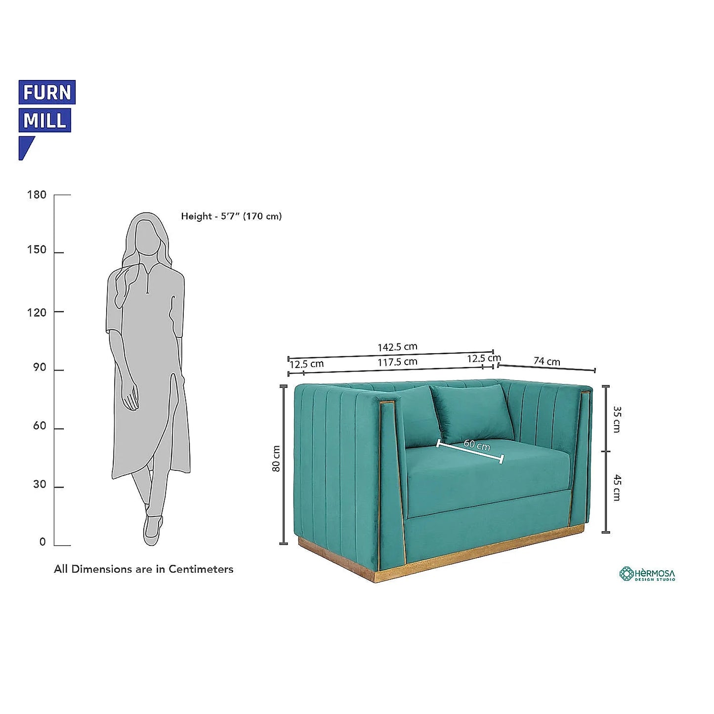 Oslo 2 Seater Fabric Sofa (Velvet, Sea Green Color)