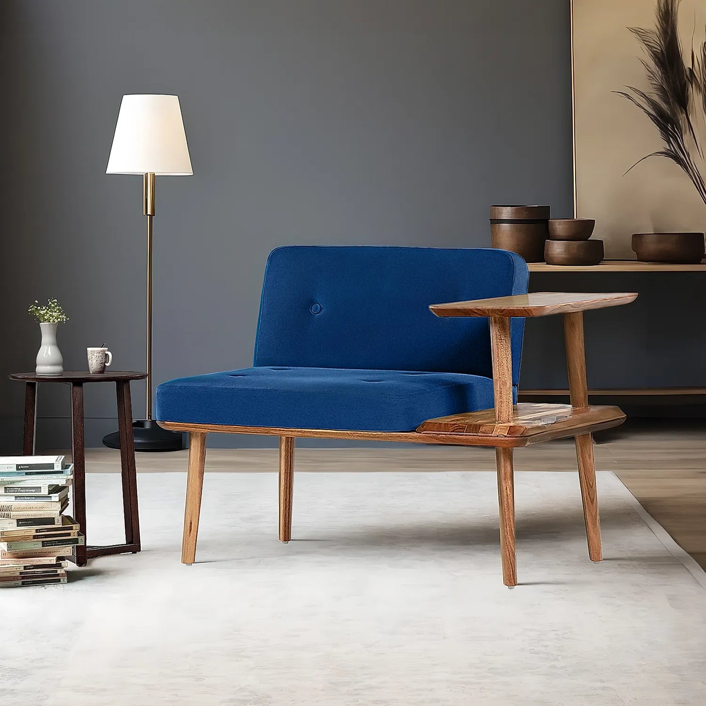 Domino Wooden Accent Chair (Velvet, Blue)