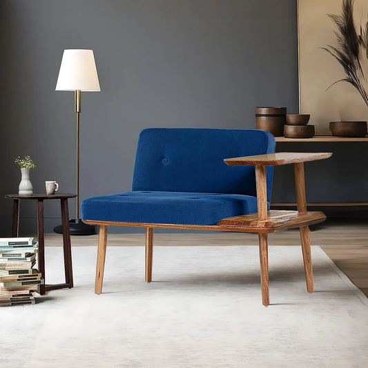 Domino Wooden Accent Chair (Velvet, Blue)