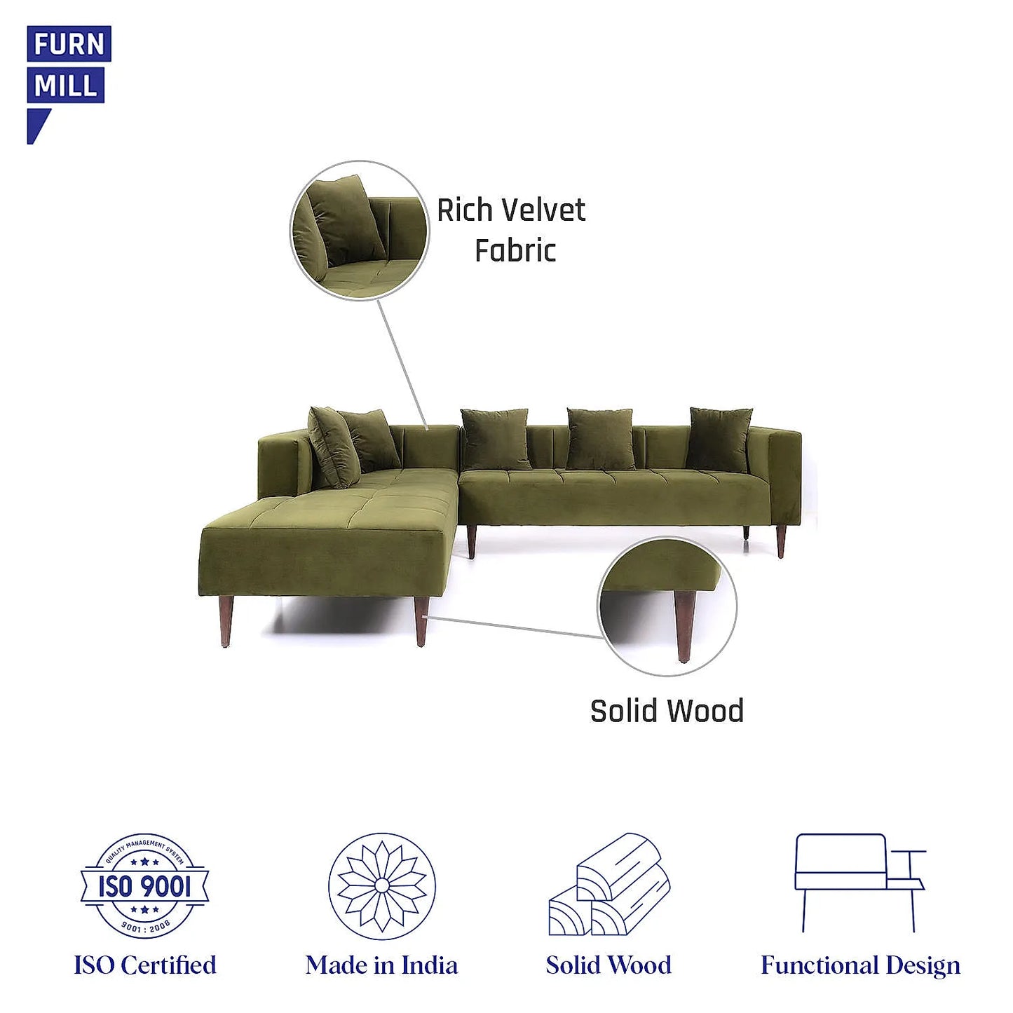 Audrey Wooden L Shape Sofa in Green Color