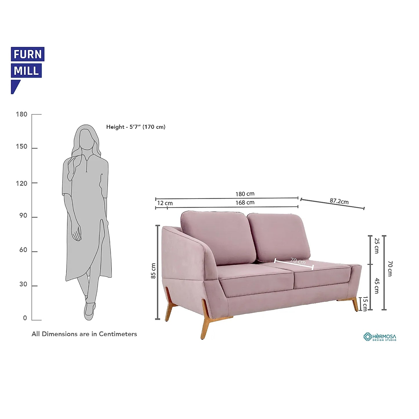 Durban 2 Seater Fabric Sofa in Pink Color