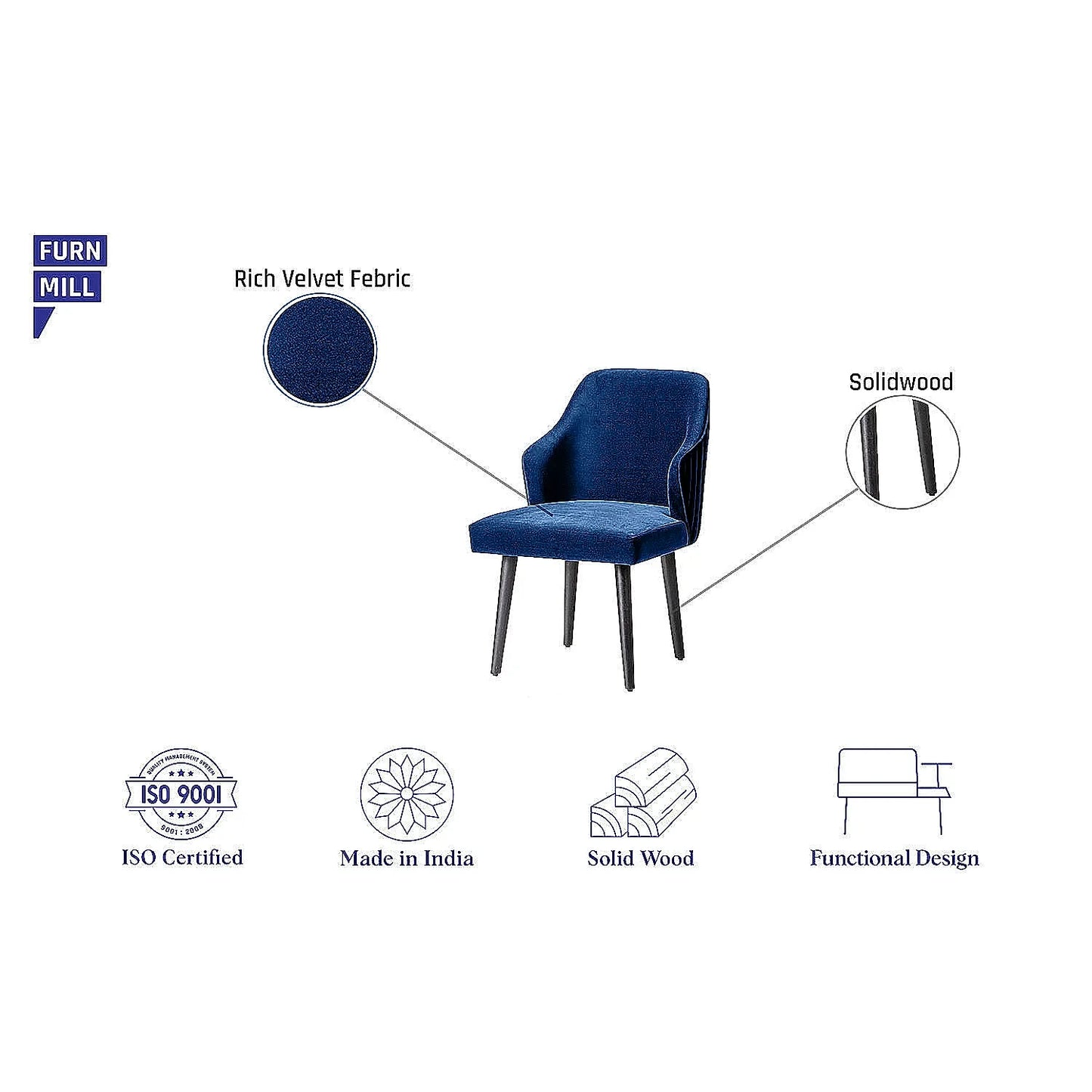 Hugo Wooden Accent Chair ( Blue Velvet Fabric, Ebony Finish )
