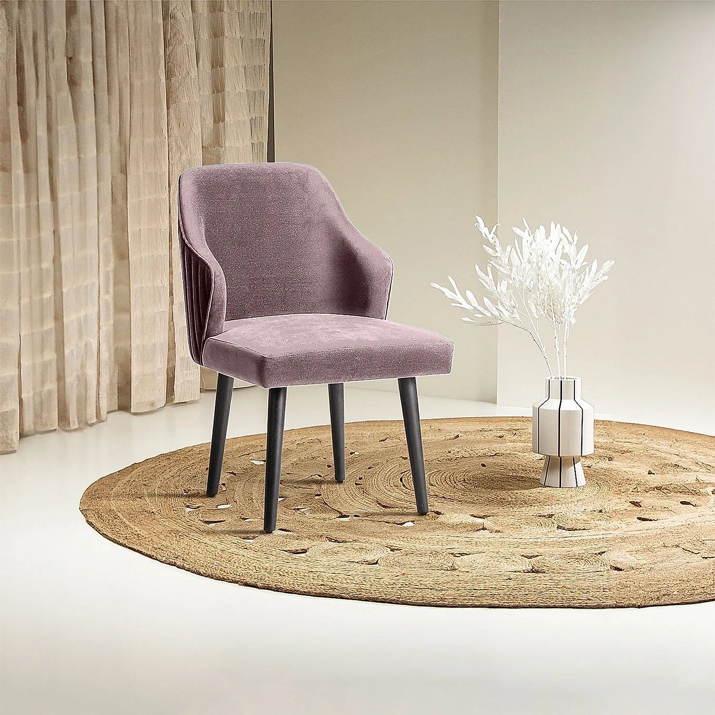 Hugo Wooden Accent Chair ( Pink Velvet Fabric, Ebony Finish )