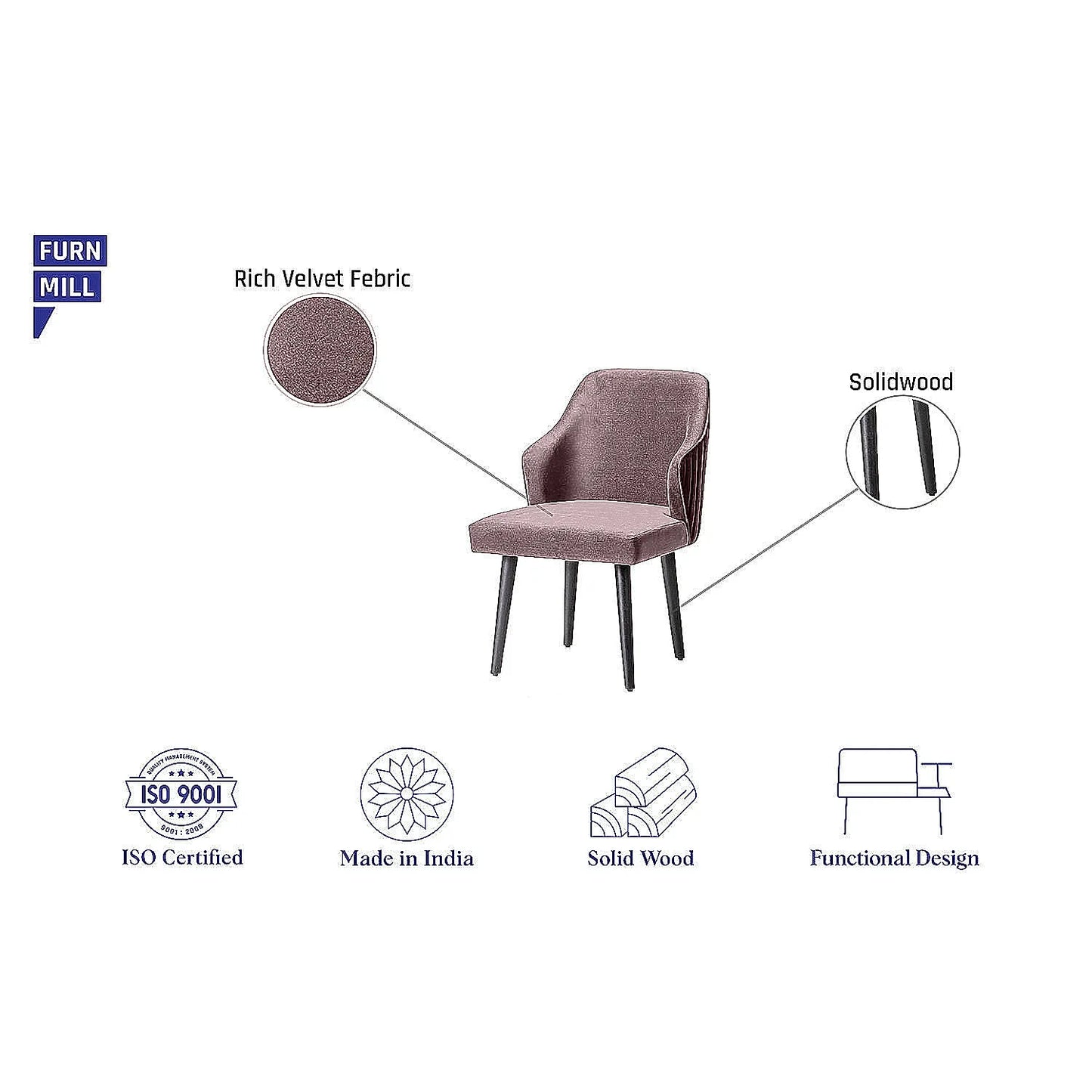 Hugo Wooden Accent Chair ( Pink Velvet Fabric, Ebony Finish )