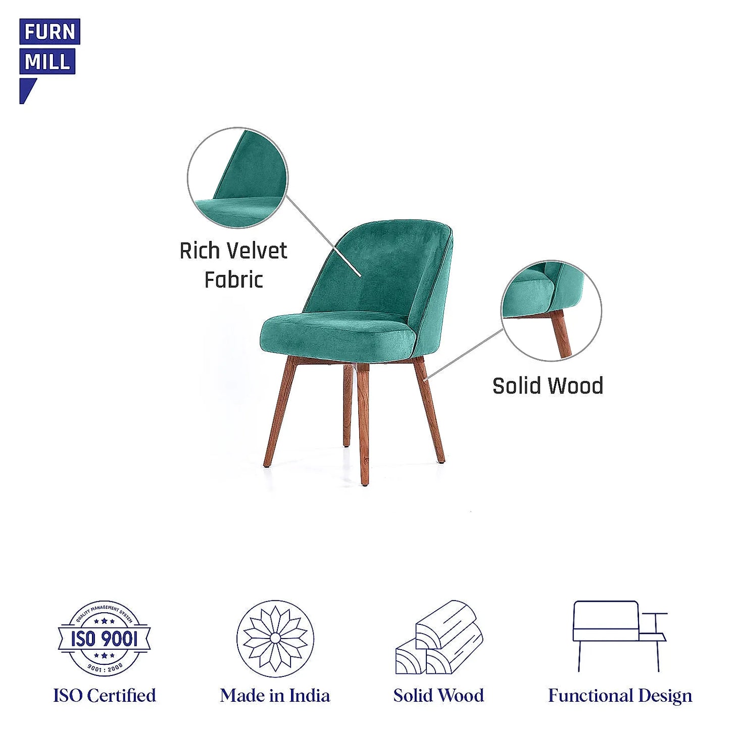 Lugo Wooden Accent Chair ( Sea Green Velvet Fabric, Natural Finish )