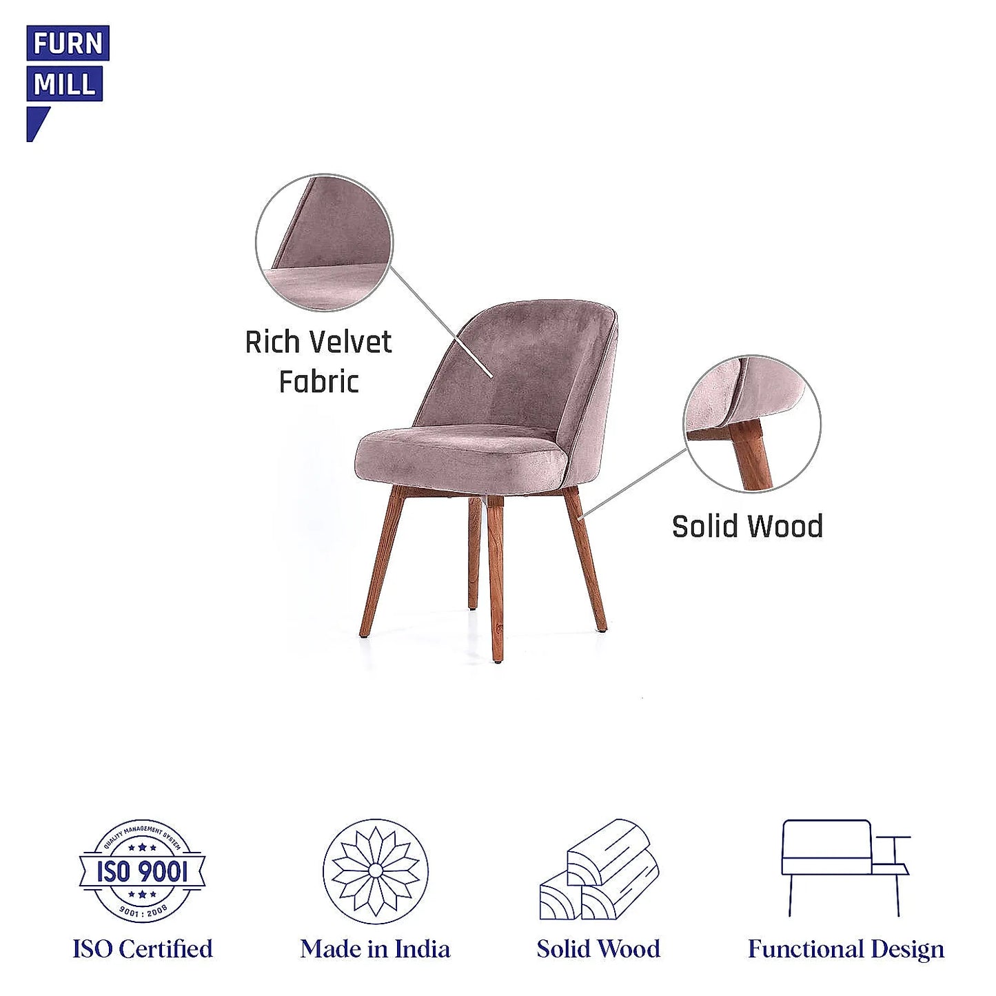 Lugo Wooden Accent Chair ( Pink Velvet Fabric, Natural Finish )