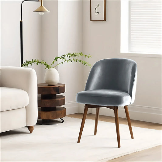 Lugo Wooden Accent Chair ( Grey Velvet Fabric, Natural Finish )