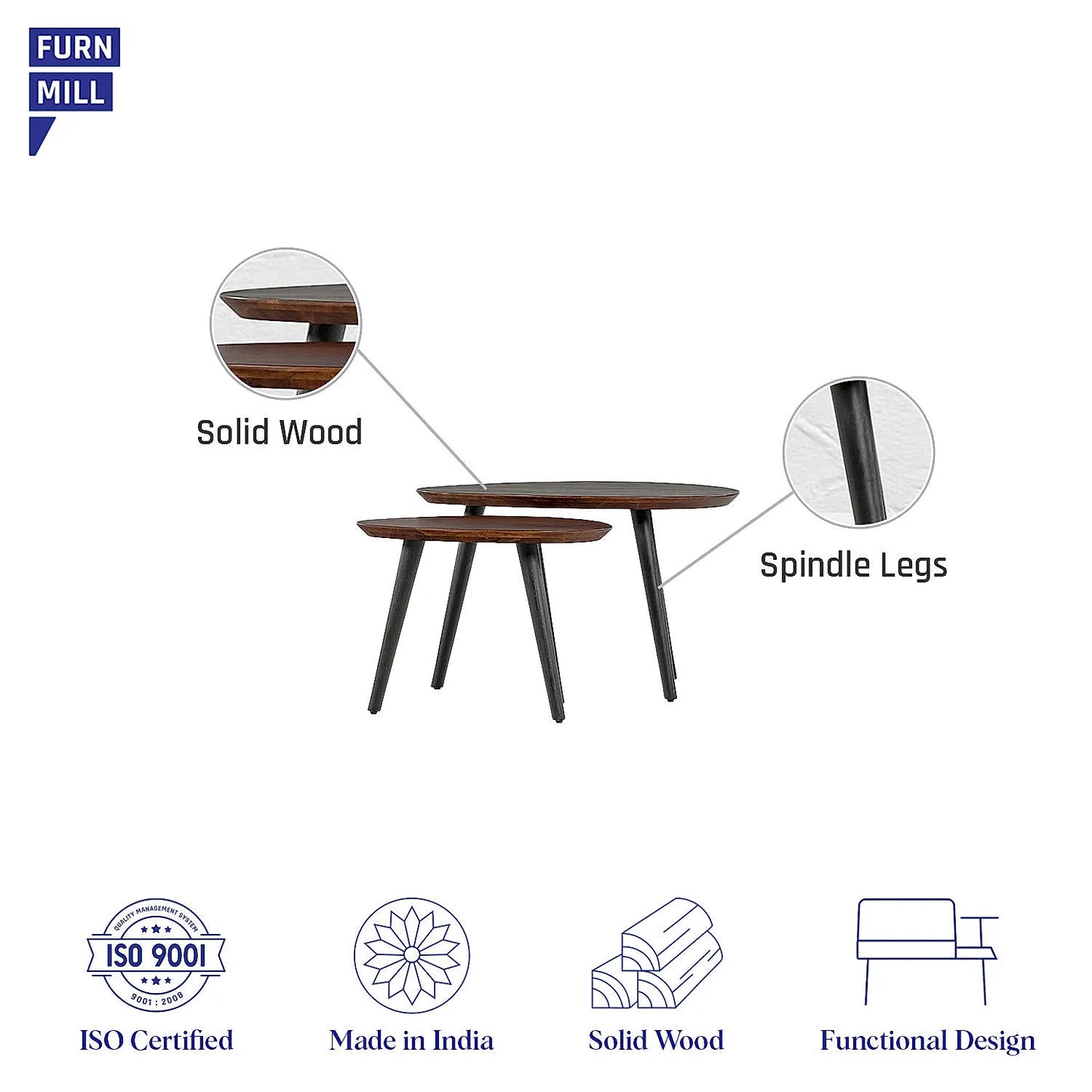 Ovees & Oveem Wooden Nesting Table (Dark Walnut Finish)