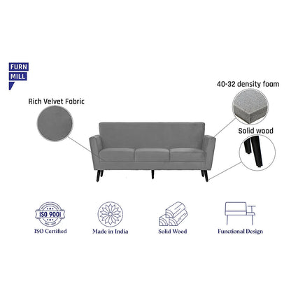 Cairo Wooden 3 Seater Sofa (Velvet, Grey)