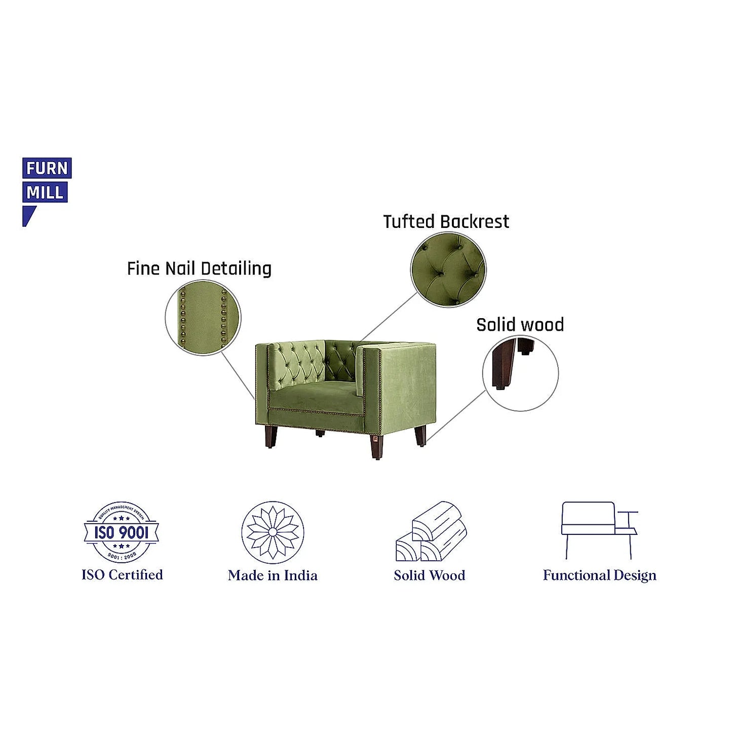 Manchester 1 Seater Wooden Sofa (Velvet, Green)